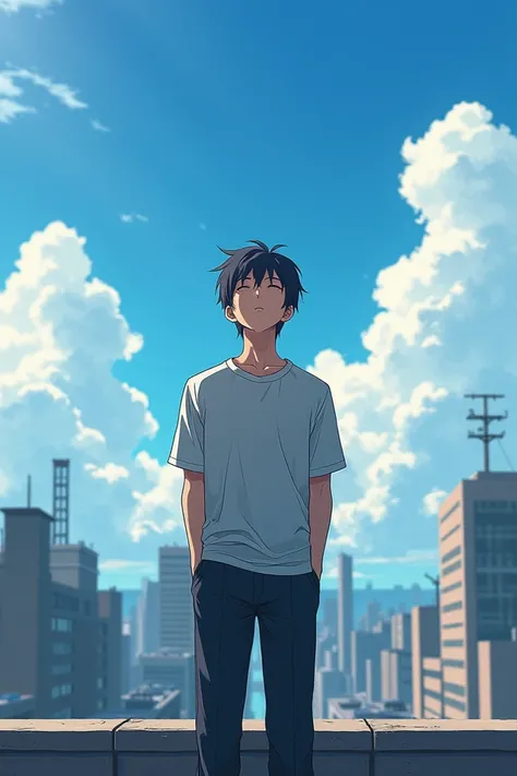 A man looking to sky with closed eye on and the roof of building. Anime pic look realistic