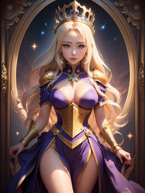 (In 8K、Live Shooting、 best quality、Genuine、Photographically、Professional Lighting、masterpiece、 very delicate and beautiful、 woman in a purple dress with a gold frame with a star on the background,   Beautiful Fantasy Empress  , ((  Beautiful Fantasy Empres...