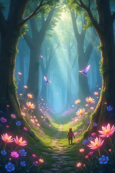 " A magical forest with big, shiny trees ,  flowers that emanate light and small and cute creatures , like enchanted rabbits and birds .  The environment is serene ,  with a soft golden mist and colorful lights dancing in the air."