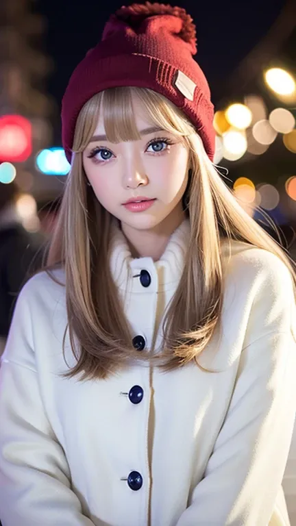 clear, Glossy skin like white porcelain、The wind blows through her hair, blocking her pretty face.、 Cute and sexy, small, beautiful face and big breasts、brownのWinter clothes、Wear a trendy coat、Fashionable appearance in plain clothes 、 Recently popular in p...