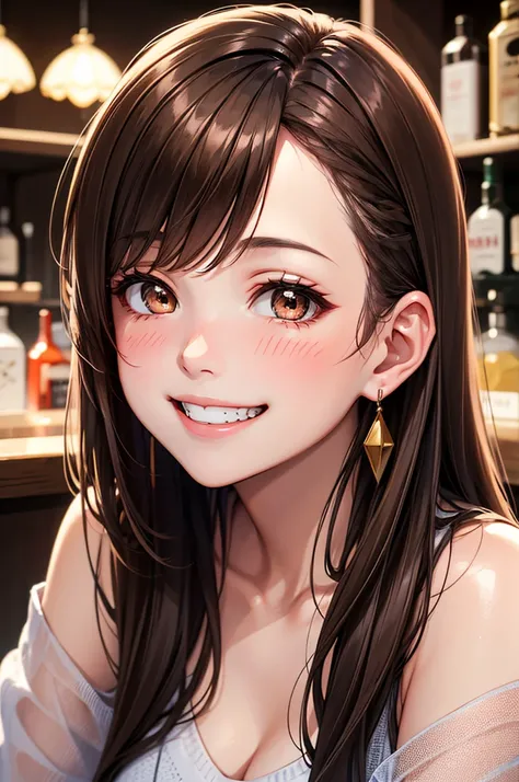  1 girl,  high definition ,  long hair,  pale brown hair, bangs,  blush,  smiles, Brown eyes、Grin, adult、bar、Earrings、