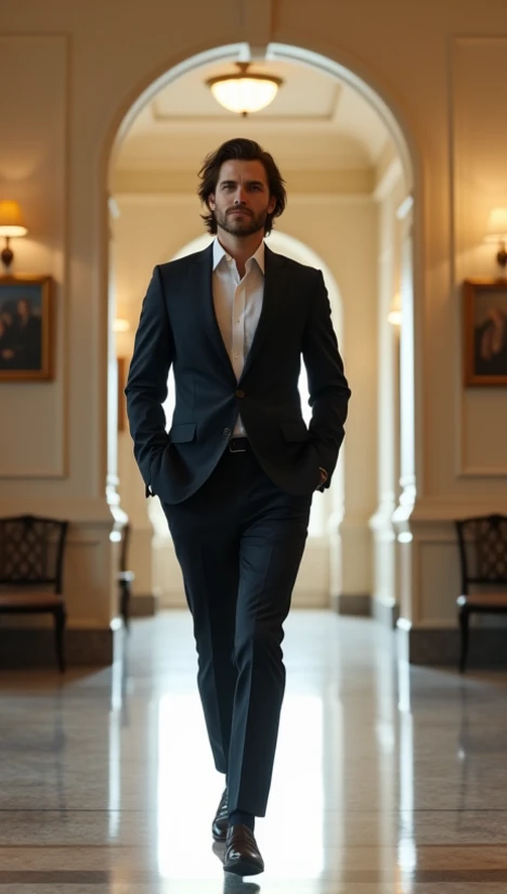 young man, medium long hair, wearing a suit, walking in the corridor