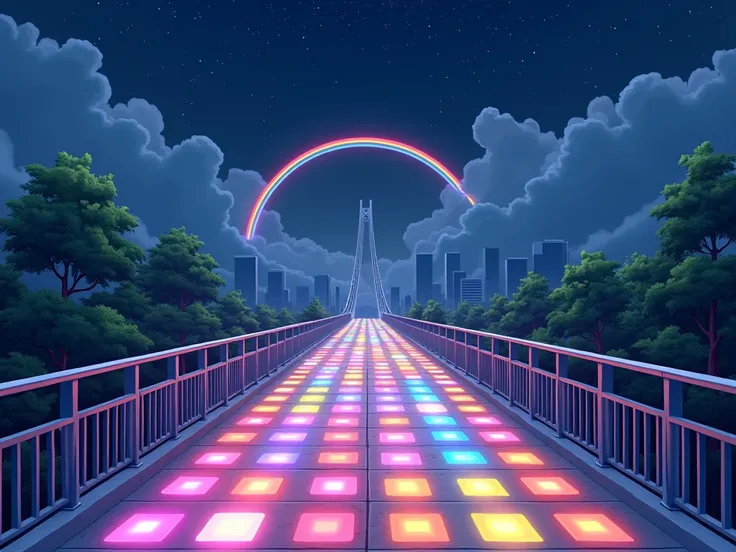  bridge without balustrade 、 square light tile floor、 rainbow composition color tiles、long、 Proximity Method、 go-kart racing 、 go-kart falling from the edge of the bridge、🍄Bridge corner 、night、 starry sky 、Little rainbow