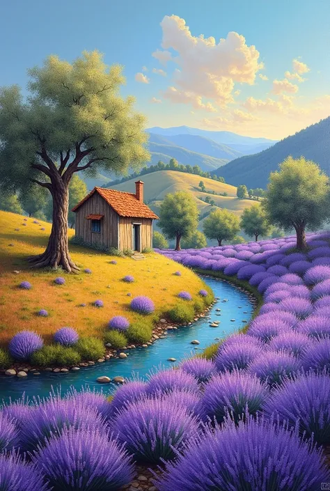 En peinture au couteau Un paysage provençal avec des collines de la lavande une cabane un petit ruisseau des oliviers