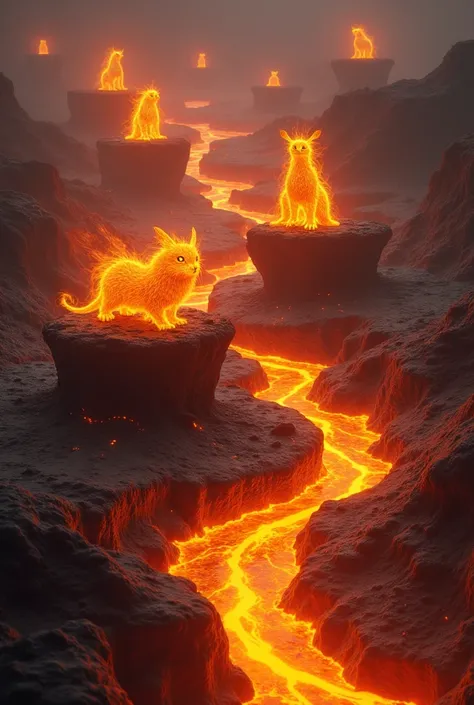 " A magma field with lava rivers that glow orange and yellow. in the center,  there are floating stones where mystical fiery creatures rest , surrounded by small flames that seem alive .  The environment is dynamic ,  but without being creepy ."