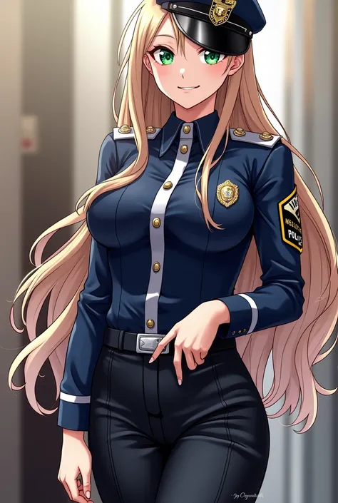 DIGITAL ILLUSTRATION OF ANIME GIRL CHARACTER CUTE  BLONDE LONG HAIR GREEN EYES CUTE SMILING SWEET FACE MATURE HUGE BREASTS WEARING GIRL POLICE DRESS