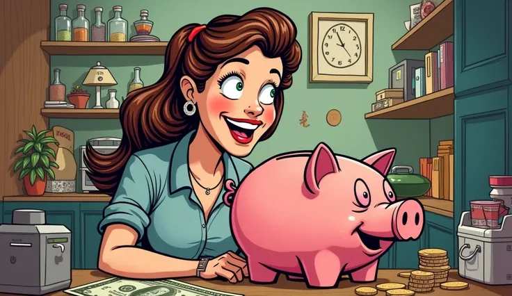 a woman saving money in a piggy bank in comic style