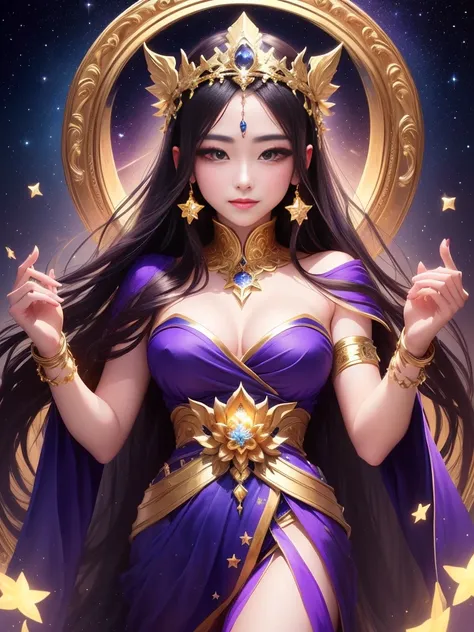  woman in a purple dress with a gold frame with a star on the background,   Beautiful Fantasy Empress  , ((  Beautiful Fantasy Empress  )), Golden lotus princess, goddessの素晴らしい肖像画, Beautiful celestial wizard, amazing portrait of the goddess , Cyansia Fanta...