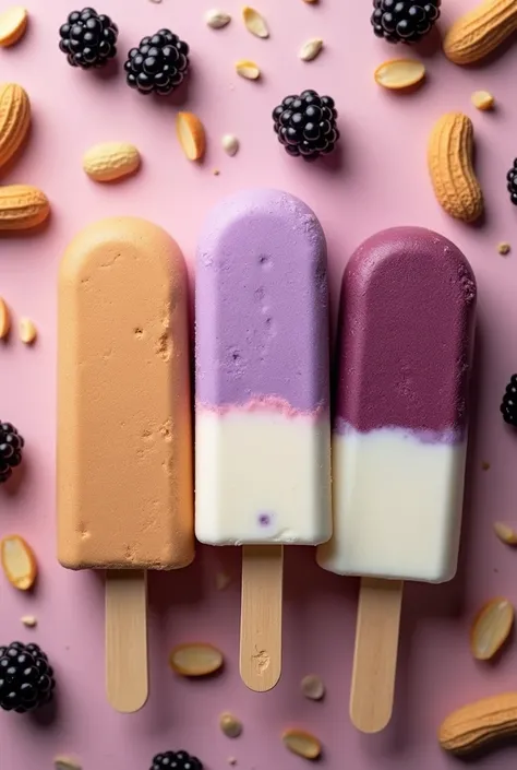  It generates an image of 3 ice creams in the form of a homemade palette, one of skin color like light brown with a peanut flavor , another where the top is purple and on the bottom white  ( mora y milk donde los colores ni sabores se junten ni mezclen si ...