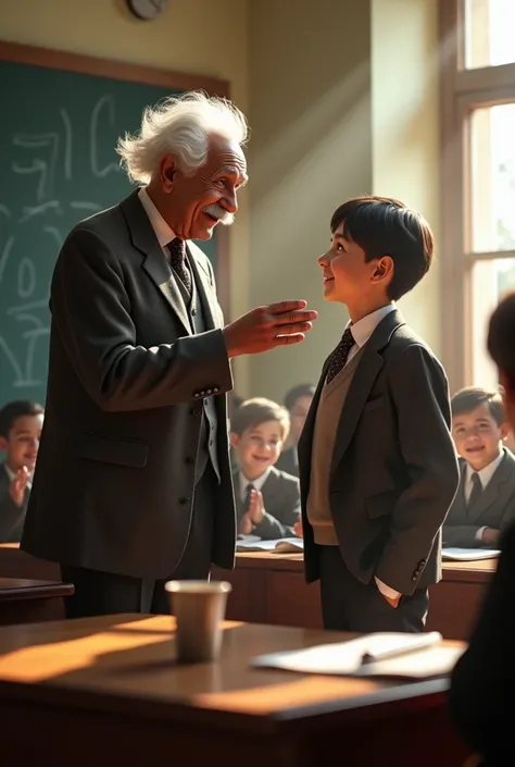 Albert Einstein wearing a classic suit, smiling warmly, leaning slightly forward with a hand gesture as if encouraging the young boy. The boy looks proud and inspired, while other students clap or smile in admiration.
Background Prompt : कक्षा का दृश्य, जह...