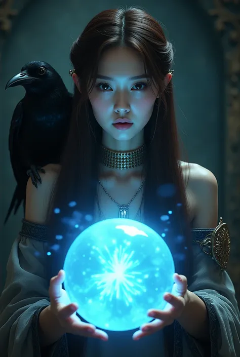 Beautiful Korean Thai woman with long straight brown hair wears clothes like fortune teller and wears matching accessories in front of her there is a round shaped crystal ball that lights up blue with flashes of light against the background of a black crow...