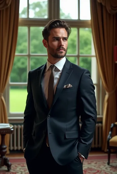 Actor Theo James in a suit in a stately house half cloudy with green 