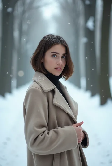 A young woman (ultra hot gorgeous european, short straight brown hair, 24 years old, gray eyes) stands in the center of a snowy alley surrounded by tall trees covered with frost. She is wrapped in a long elegant coat of a neutral shade (for example, dark b...