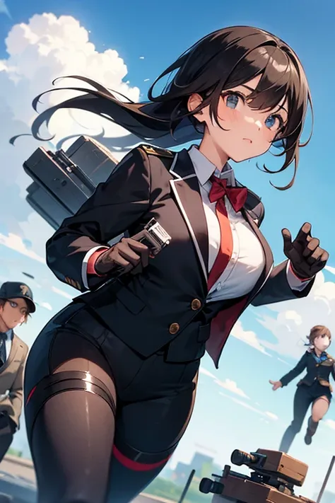 A girl in a school suit piloting a robot and the robber holding two Thomsons and shooting at an enemy ship 