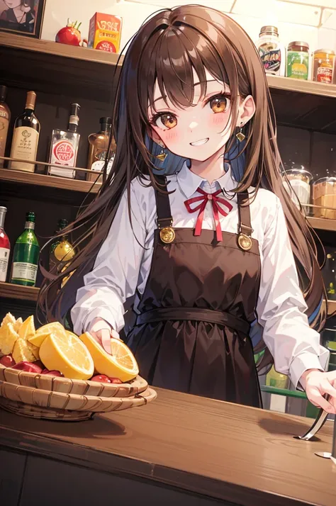  1 girl,  high definition ,  long hair,  pale brown hair, bangs,  blush,  smiles, Brown eyes、Grin, adult、bar、Earrings、真っ直ぐな髪