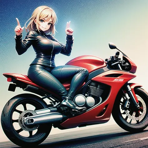 masterpiece,Best Quality,One girl,(((motorcycle))), is raising one hand、(frown:0.9),smile,speed,motion lines,helmet, 、Blonde、Big Breasts、  smiling face 