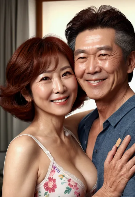 (masterpiece:1.3), (8k,  photorealistic,  RAW photos ,  best image quality: 1.4),  Japanese middle-aged mature twos 、56 years old、( reddish brown very short hairstyle :1.2,)、 Super Detailed Face 、 pay attention to details 、 double eyelids、 pretty woman smi...