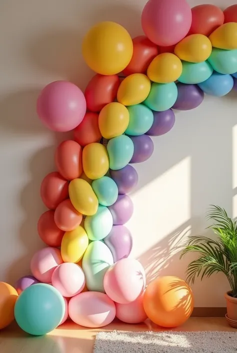 bithday decore idea with balloons in rainbow shape on the wall at home