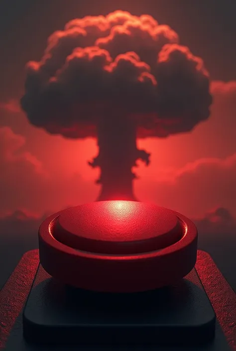 " Create a terror symbol in the form of a large red nuclear button,  with the shadow of a mushroom cloud behind it , depict a threat that continues to shadow ."