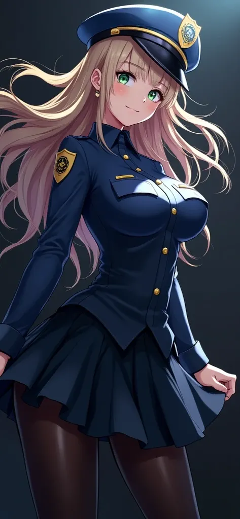 DIGITAL ILLUSTRATION OF ANIME GIRL CHARACTER CUTE  BLONDE LONG HAIR GREEN EYES CUTE SMILING SWEET FACE MATURE HUGE BREASTS WEARING POLICE GIRL DRESS WEARING A-LINE MINISKIRT