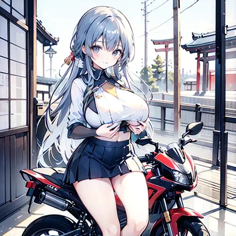 masterpiece,Best Quality,One, (((Kyoto Style))), girl,Chibi,motorcycle,Jump, (frown:0.9),smile,speed,Motion Lines,helmet, mini skirt、A silly smile、(((big breast:1.5)))