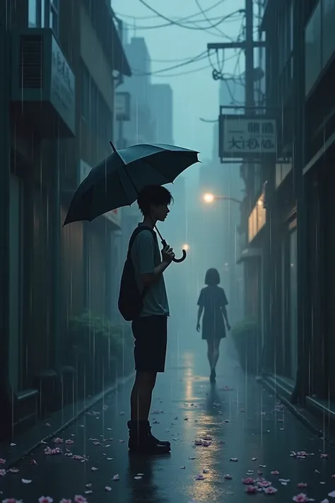 A young man stands on a narrow rain-soaked street in Tokyo, holding a broken umbrella. His expression is weary and melancholic. In the distance, a young woman walks away under the dim streetlights, her figure barely visible in the haze of the rain. Sakura ...