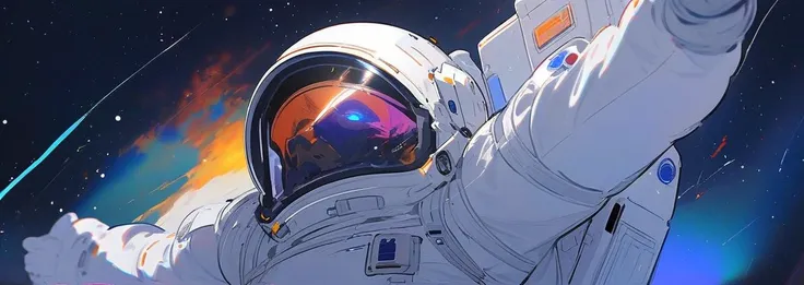  High resolution, quality, fondo colorido y detallado.  Astronaut in a white suit floating in outer space , She has a  , the visor on his helmet is completely dark ,  wears large gloves and a space backpack on his back