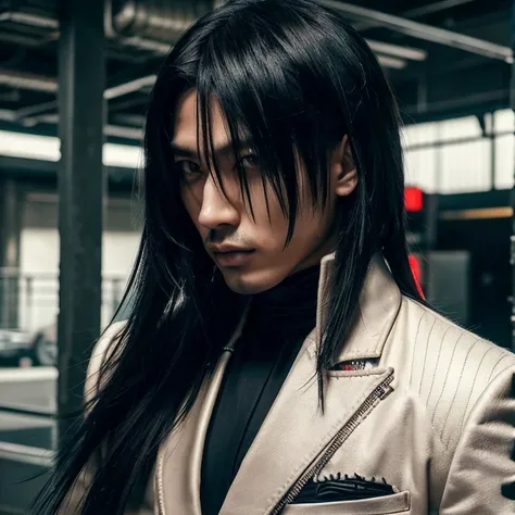 1 man, Japanese man, 30 years old, hairstyle Visual Kei, hair color blonde, muscular, broad shoulders, ultra detailed face and eyes, Asian eyes, pretty face, realistic representation, outfit gothic-cyberpunk, black mens shirt and black pants, long hair, ha...