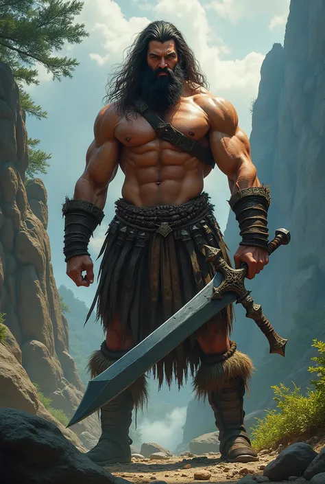 a muscular male barbarian warrior with long hair, detailed face, piercing eyes, brooding expression, shirtless, holding a large sword, in a rugged fantasy landscape, cinematic lighting, dramatic colors, digital painting, ultra-detailed, 8k, photorealistic