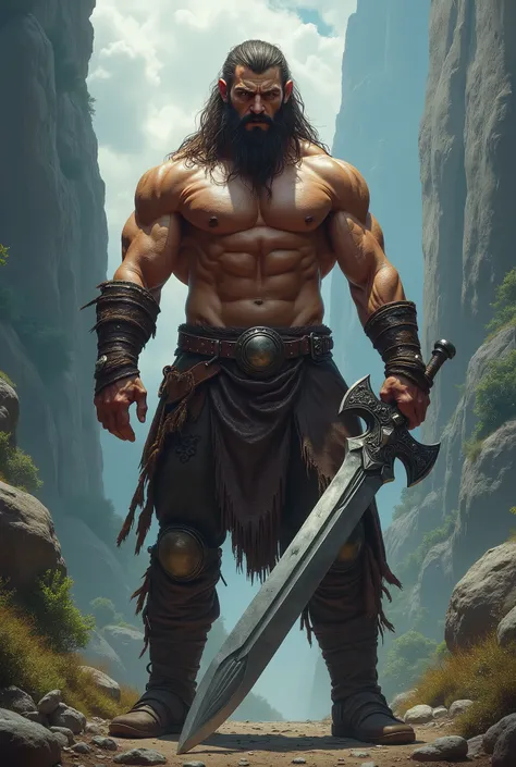 a muscular male barbarian warrior with long hair, detailed face, piercing eyes, brooding expression, shirtless, holding a large sword, in a rugged fantasy landscape, cinematic lighting, dramatic colors, digital painting, ultra-detailed, 8k, photorealistic