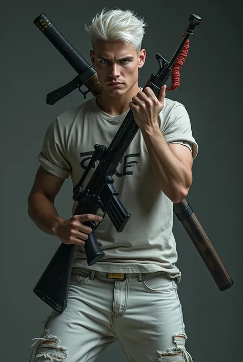 A white-haired, blue-eyed young man wears white jeans ,  Nike shirt and white sneakers 
holding an AK 47 and with a Katana on the back
