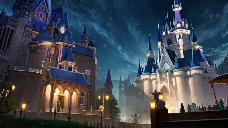 Castle in the night garden. At night, the park has lights, creating a scary atmosphere. The windows have beautiful lights. Magical atmosphere, devoid of people