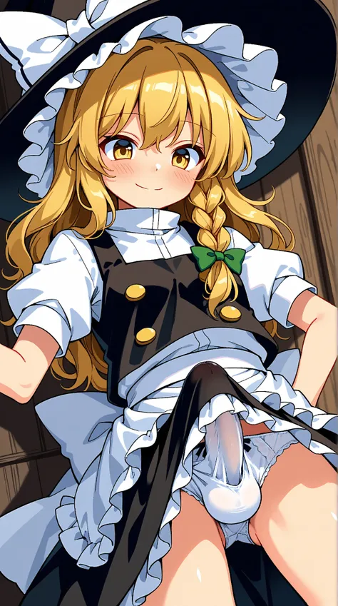 Marisa Kirisame_/(Touhou/), futanari, white panties, small erect bulge, erection behind clothes, love eyes, small smile