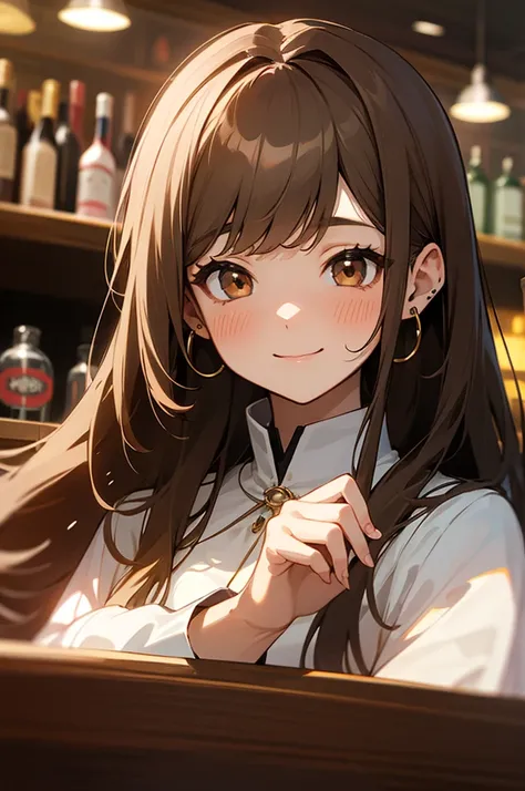  1 girl,  high definition ,  long hair,  pale brown hair, bangs,  blush,  smiles, Brown eyes、adult、bar、Earrings、