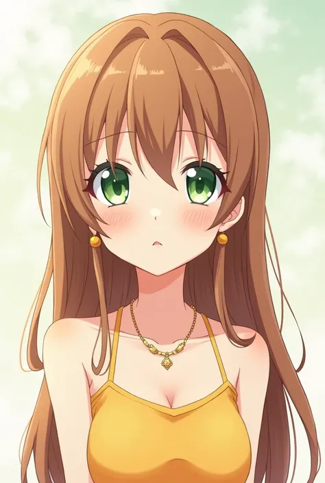  anime illustration of an adult girl with light brown hair with a warm tone ,  long and completely straight ,  big and expressive eyes ,  bright green , Clear skin with a pink blush on the cheeks and slightly fleshy, melon-colored lips, 
 Oval face shape w...