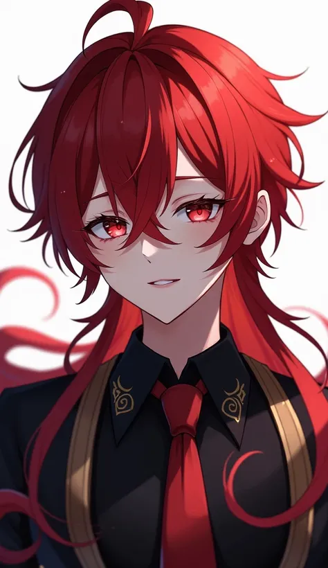 masterpiece, best quality, diluc (genshin impact), 1boy, male focus, red hair, red eyes, long hair, solo, simple background, white background, hair between eyes, bangs, closed mouth, ponytail, sparkle, looking at viewer, antenna hair, cropped shoulders, sh...