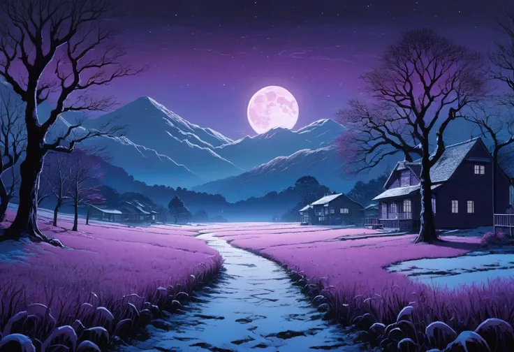 panoramic, illustration、snow，snow花飞舞， Quiet lake 、 from 80s horror movies,  Director Junji Ito、nightmare、Anime style girl ，high detail,  realistic shadows 、Analog style, VHS style, 8mm Film, Chromatic Aberration, DVD Screenshots、 blue-purple and red-purple...