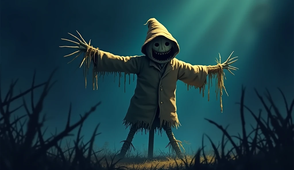 Sa kabila ng dilim, nakita niyang tila gumagalaw ang scarecrow. Ang mga braso nito ay parang nag-uunat, at ang ulo ay dahan-dahang bumabalikwas. Napaisip siya, baka dulot lang ito ng hangin, kaya’t pinilit niyang hindi pansinin. Vibrant 2D flat animation