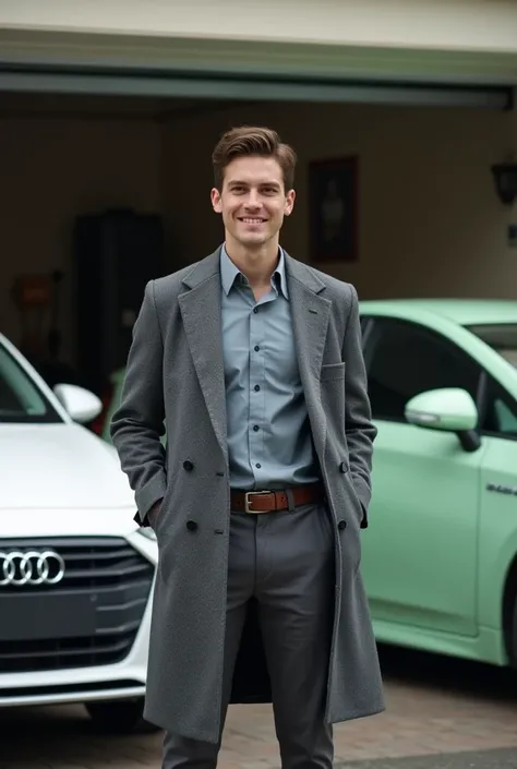 Shoot a man at 21 years old this is a male businessman and he has a garage behind his house and has 2 cars one in white audi 2019 model in one prius 2014 model businessman slightly full-bodied and tall one his coat is gray let his coat be gray do not wear ...