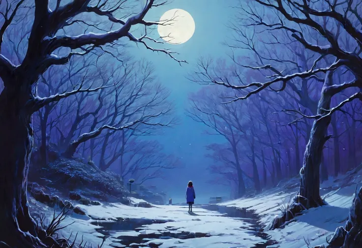 panoramic, illustration、snow，snow花飞舞， Quiet lake 、 from 80s horror movies,  Director Junji Ito、nightmare、Anime style girl ，high detail,  realistic shadows 、Analog style, VHS style, 8mm Film, Chromatic Aberration, DVD Screenshots、 blue-purple and red-purple...