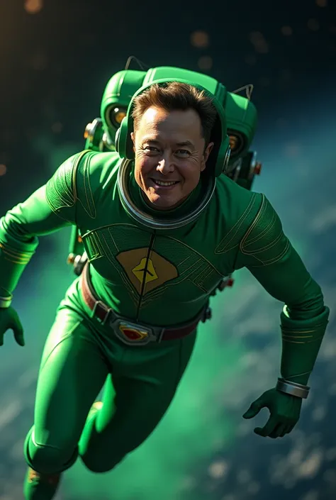 Elon Musk wearing a green power ranger uniform flying in space