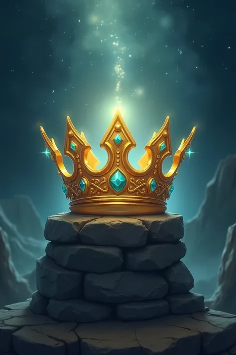  A golden crown with gemstones in shades of blue and green ,  emitting a soft and protective light . It rests on a stone throne ,  with a starry sky background and a magical aura that represents strength and authority."