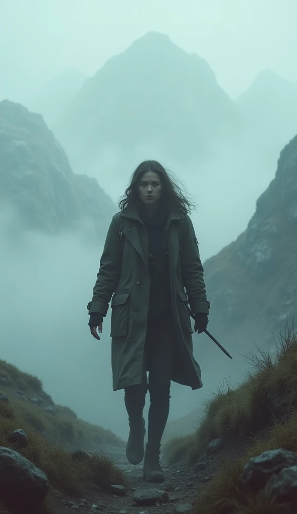 A thick-jacketed woman on a foggy mountain