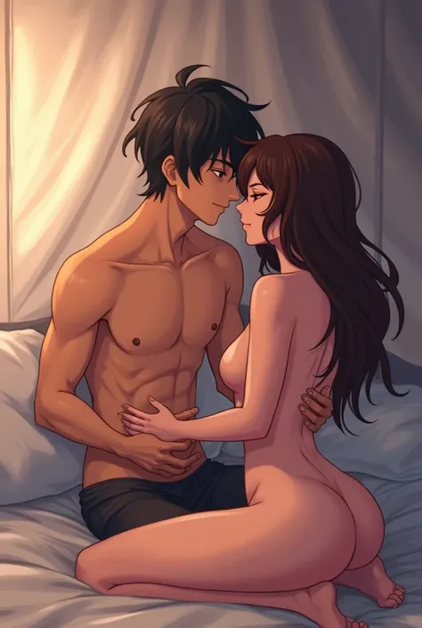 anime guy and girl with no clothes in bed making out, having sex