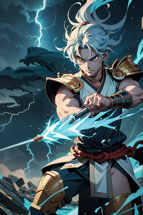 "Depict Takeminakata, the mighty thunder god of Japanese mythology, as a powerful warrior enveloped in crackling storms and fierce lightning. His imposing figure radiates divine strength, with muscles honed by centuries of battle. His expression is fierce ...