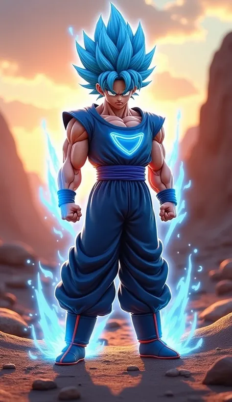 "A 3D realistic depiction of a warrior inspired by Goku in Super Saiyan Blue form, with vibrant blue spiky hair, a shimmering blue aura, and a confident stance. The background is a rocky desert with a glowing sunset, featuring realistic textures and lighti...