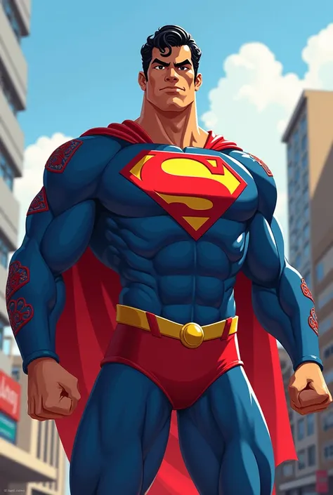 Generate a filipino superman with L on the chestpiece