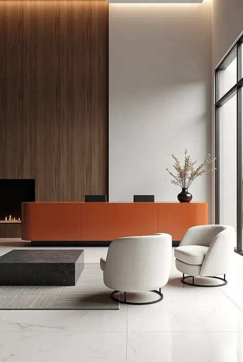 Architectural professional three-dimensional rendering of the interior design of the reception in a modern and minimalist style with a console with a length of three meters and a width of one meter A dark orange color and two modern chairs with steel bases...