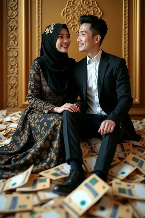  A pair of korean race lovers wearing fancy dress glamour  ,  where women wearing black hijab lace gold ,  are sitting on a pile of money hundreds of thousands of rupiah ,  neatly arranged while carrying money many smiling faces 
happy,  carved wall backgr...