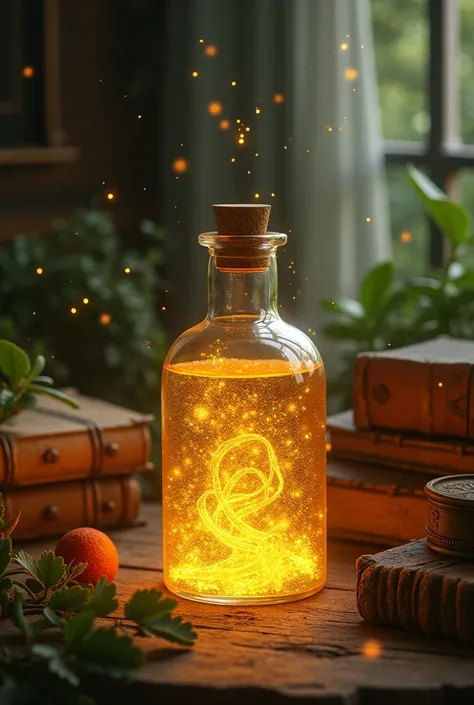  A potion in a shiny glass jar with golden liquid that seems alive, with magic particles swirling gently inside .  The bottle is on a table surrounded by magic plants and old books .  The environment is welcoming and magical ." make in drawing 